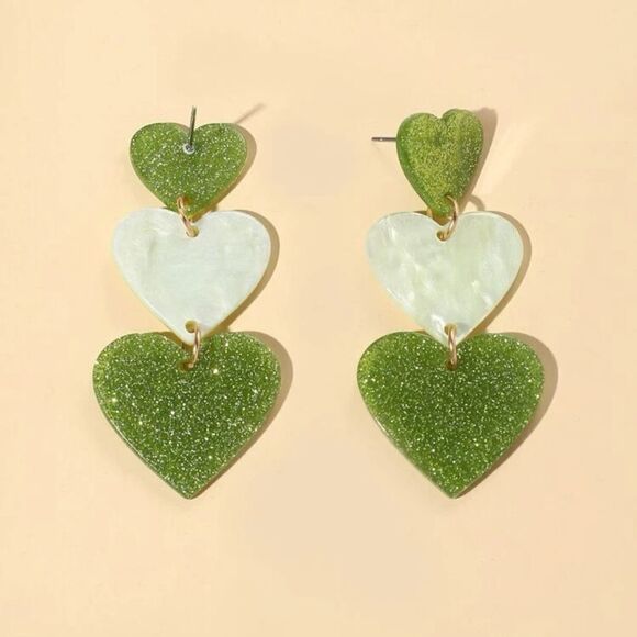 St. Patrick's Day Triple Heart 2" Drop Earrings - Picture 3 of 4